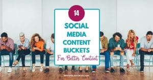 A group of people sit in a row of chairs, each looking at their phone. Above them is a large graphic that reads "14 Social Media Content Buckets for Better Content" with a smaller note below that says "writerslifeforyou.com.