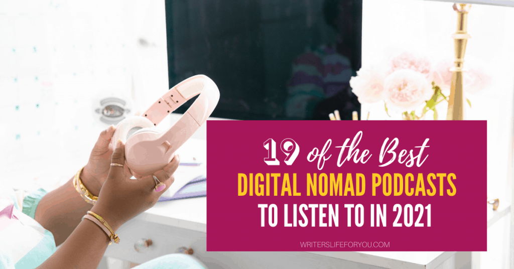 digital nomad podcasts pink headphones and apple monitor