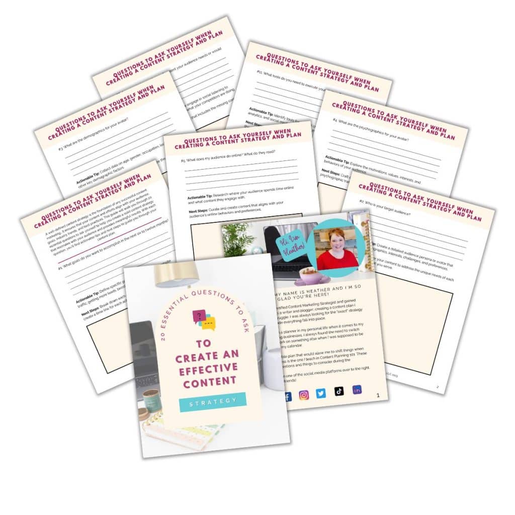 An assortment of printed worksheets and guides titled "25 Essential Questions to Ask to Create an Effective Content Strategy." There is also a photo of a person working on a laptop and a short biography of the author.