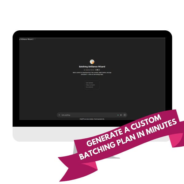 A computer monitor displays a web page titled "Batching Brilliance Wizard." A banner at the bottom right reads, "Generate a custom batching plan in minutes.