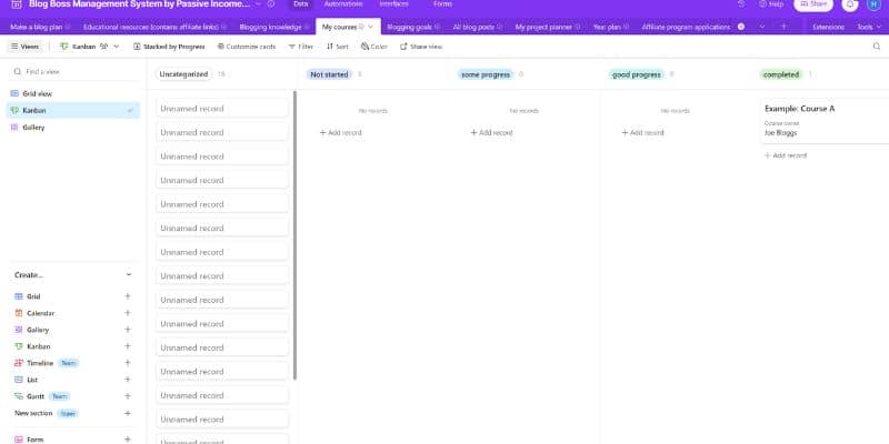 An organized digital kanban board with categories: "Not started", "Some progress", "Good progress", and "Completed". Each category has various unnamed records, except "Completed", which has "Example_Course_A". The interface has a sidebar on the left.