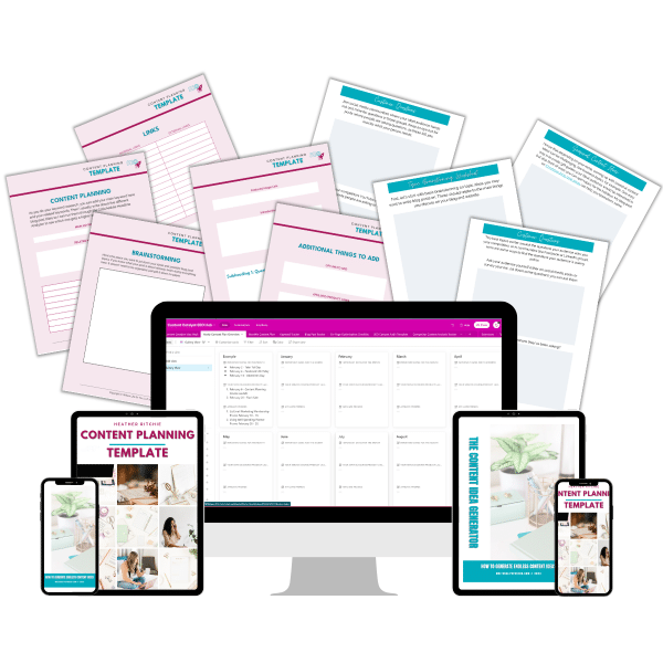 An image displaying various content planning templates in different pastel colors. It includes pages for brainstorming, task lists, and additional notes, alongside digital versions shown on a desktop monitor, tablets, and smartphones.