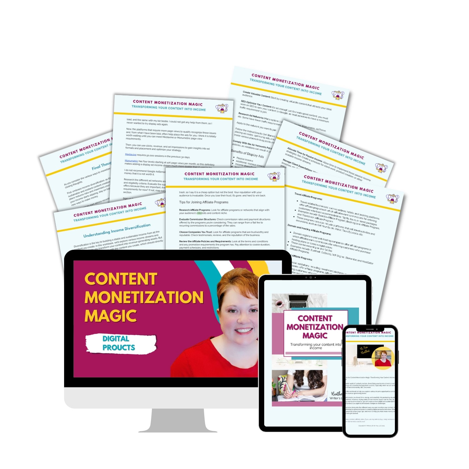 A collection of printed guides titled "Content Monetization Magic" are fanned out in the background. In the foreground, a computer monitor, tablet, and smartphone display the same title and an image of a smiling person.