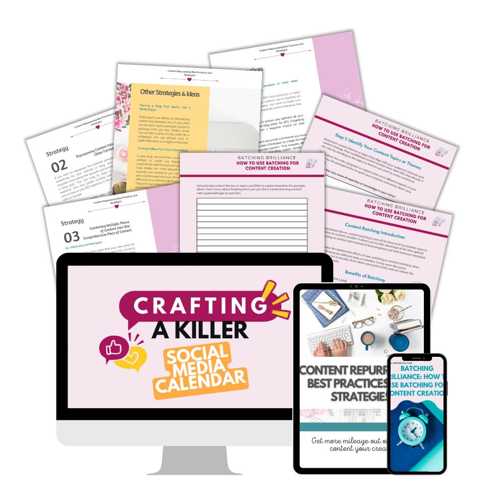 A display of digital and printed materials including documents with strategies and ideas, a desktop screen showing "Crafting a Killer Social Media Calendar," and a phone and tablet displaying content repurposing tips.