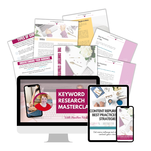 An assortment of marketing materials is displayed, including printed pages, a laptop, a tablet, and a smartphone. The central laptop screen shows "Keyword Research Masterclass." The printed materials and tablet feature articles on content strategies and best practices.