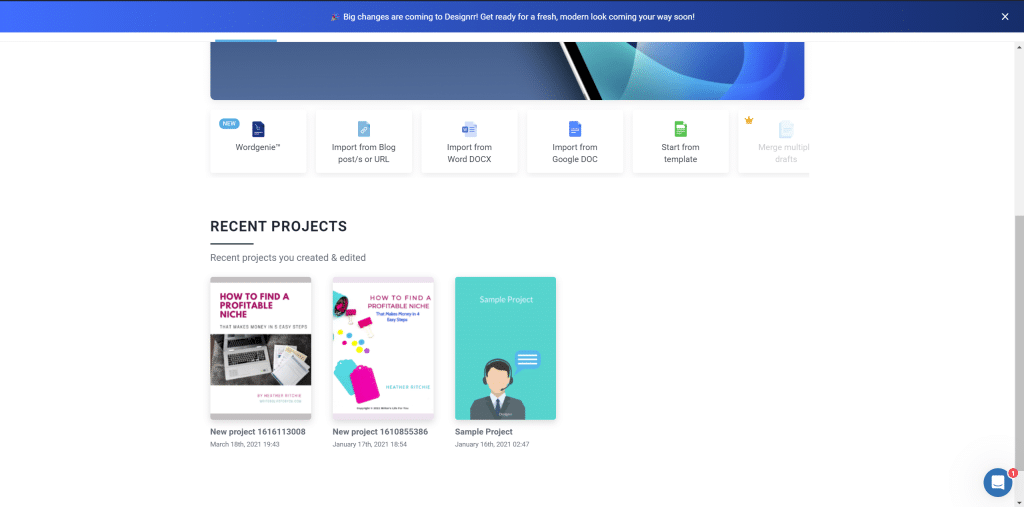 Screenshot of a webpage showcasing recent projects. Three project thumbnails are displayed: one titled "How to Find a Profitable Niche," another with a blank "Sample Project" template, and a third project named "New project 16:51:10 0308." Highlighting the use of content repurposing tools, this layout is user-friendly.