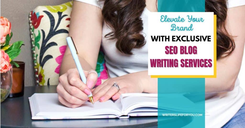 A woman sits at a table writing in a notebook, with a promotional banner for SEO blog writing services next to her.