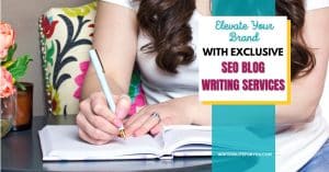 A woman sits at a table writing in a notebook, with a promotional banner for SEO blog writing services next to her.