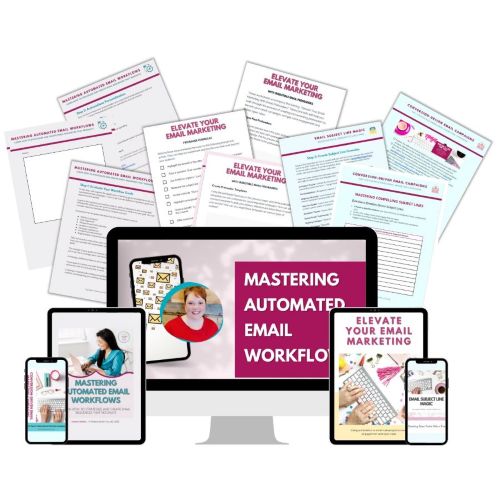 A digital marketing course display featuring a computer monitor, smartphone, and tablet, each showing the title "Mastering Automated Email Workflows." Surrounding them are various marketing templates and worksheets.