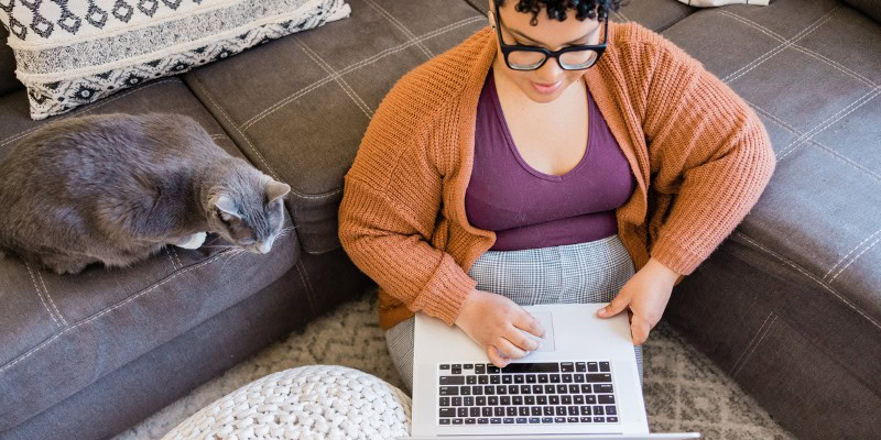 A person wearing glasses and a brown cardigan is sitting on a sofa, tackling blogger burnout as they use a laptop on their lap. A gray cat sits nearby, curiously watching the process. A patterned rug and cushion add warmth to the scene in the foreground.