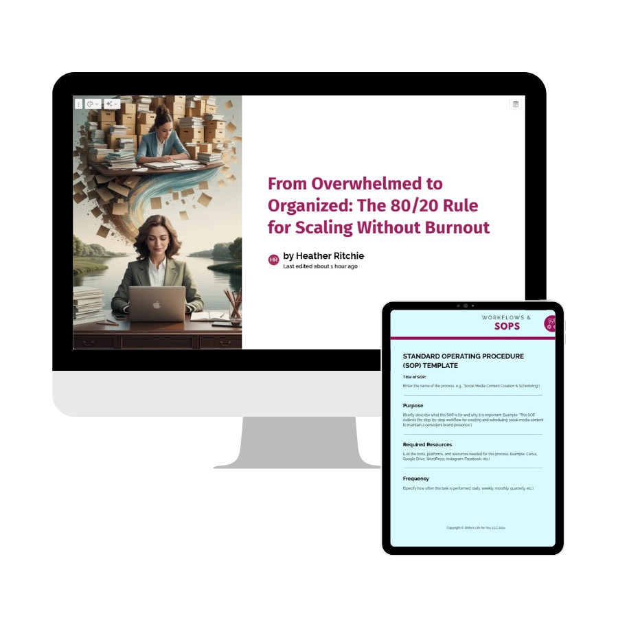 A desktop monitor displays an article titled "From Overwhelmed to Organized: The 80/20 Rule for Scaling Without Burnout" next to a tablet showing a "Standard Operating Procedure (SOP) Template" document.