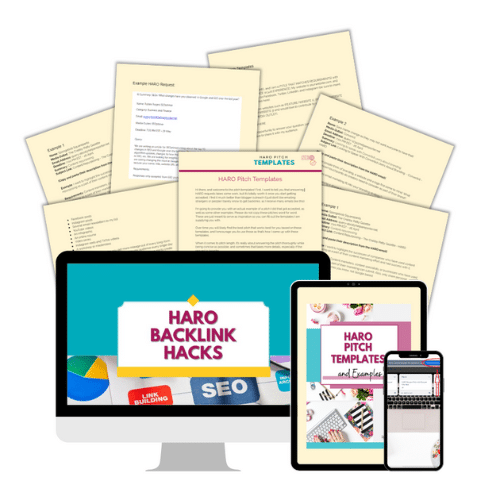 A computer monitor, tablet, and smartphone display a digital course titled "HARO Backlink Hacks." Around them are several sheets of paper containing HARO pitch templates and examples. The setup implies a comprehensive guide on building backlinks using HARO.