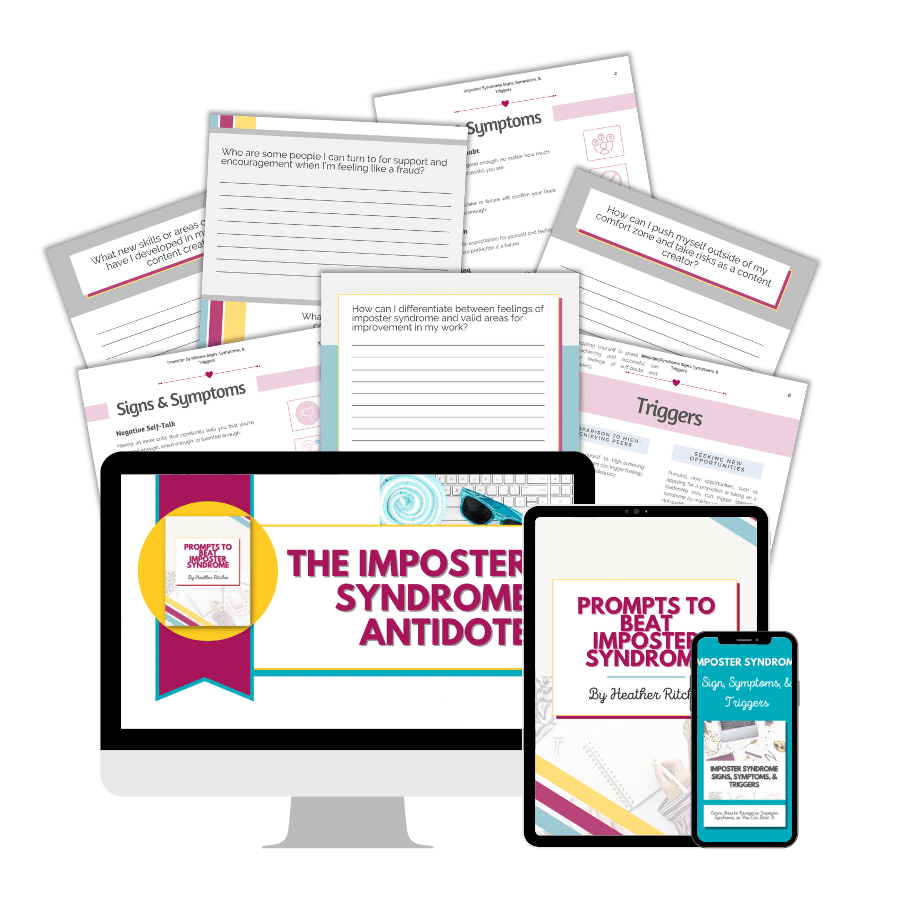 Digital stationery set titled "The Imposter Syndrome Antidote" by Heather Rider displayed on a computer monitor, tablet, and smartphone. Surrounding items include printed worksheets on signs, symptoms, triggers, and prompts to overcome imposter syndrome.