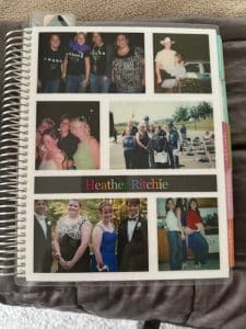 A photo album cover featuring the name Heather Ritchie. Eight photos showcase various moments: people posing in groups, casual gatherings, a couple at a dance, and individuals at an outdoor event. The album has a coil binding and tabbed sections, making it one of the best gifts for content creators.