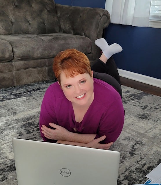 Heather Ritchie with Laptop on Floor Close Up