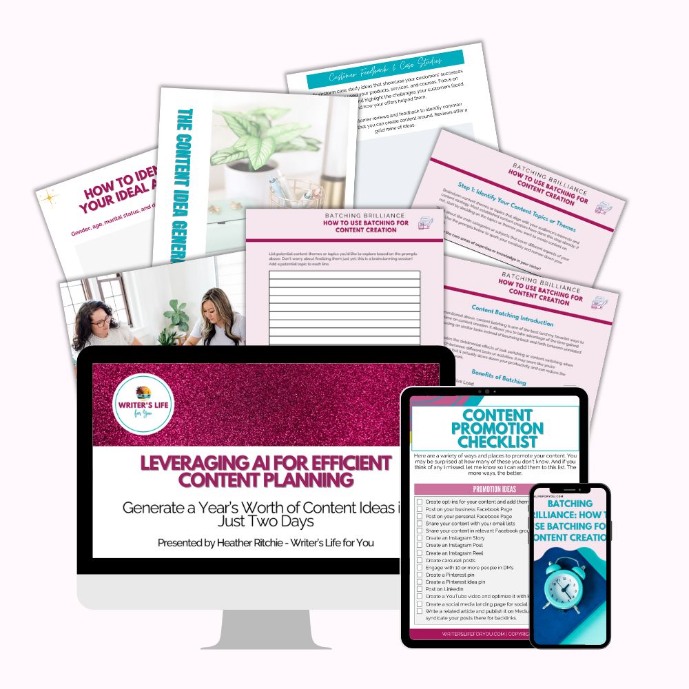 A collection of digital and printed materials for content planning. Includes pages with text on AI use, content ideas, and promotion checklists. A computer and tablet display content-related slides with a pink and white theme.