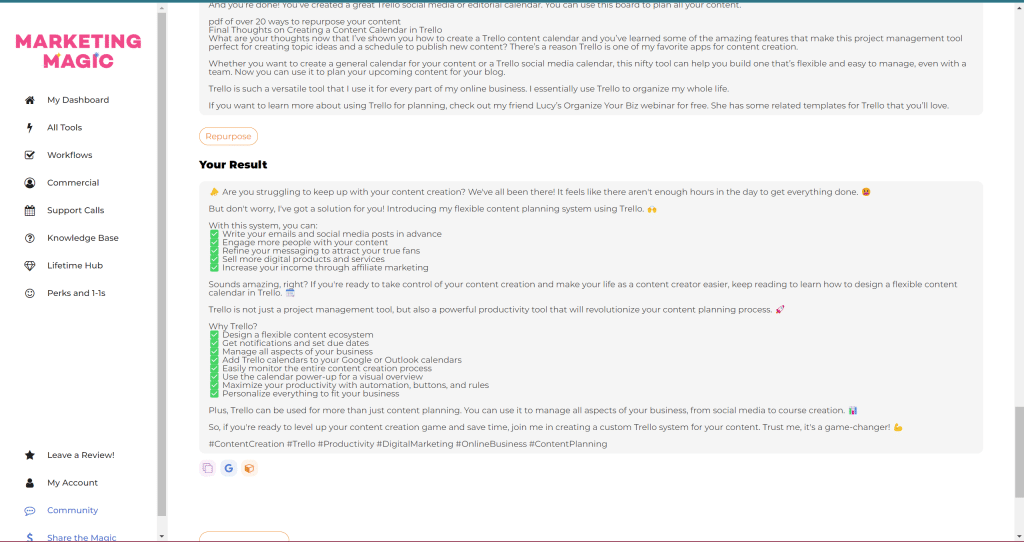 Screenshot of a webpage from Marketing Magic titled "Your Result." It discusses challenges with managing content creation and offers a solution involving Trello and other content repurposing tools. Various features of Trello are highlighted, along with a call to action to try them out.