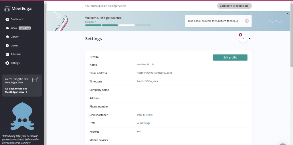 Dashboard of the MeetEdgar social media management tool, showing the "Settings" page. User profile details such as name, email address, time zone, phone number, and other settings are displayed. A notification about an inactive subscription is at the top. Explore our content repurposing tools for maximizing your social impact.