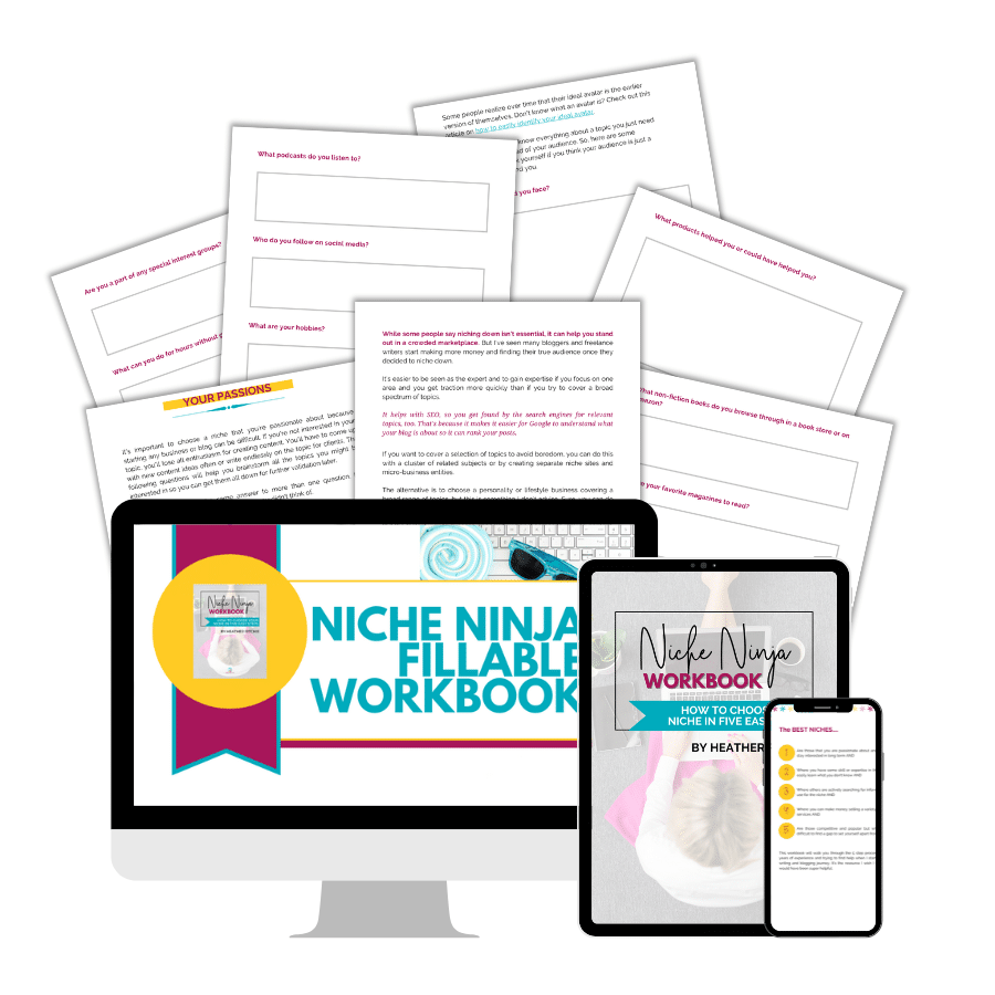 A collection of Niche Ninja Fillable Workbook pages is displayed on various devices including a desktop computer, tablet, and smartphone. Several printed worksheets with text and fillable areas are also shown in the background.