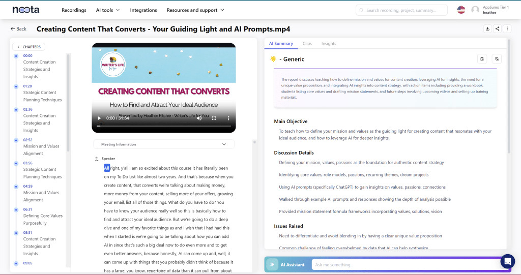 A screenshot of an online course interface from ncota, displaying the video "Creating Content That Converts - Your Guiding Light and AI Prompts.mp4." On the right, sections labeled Summary, Generic, and Main Objective provide text details. The left sidebar lists course chapters and content repurposing tools.