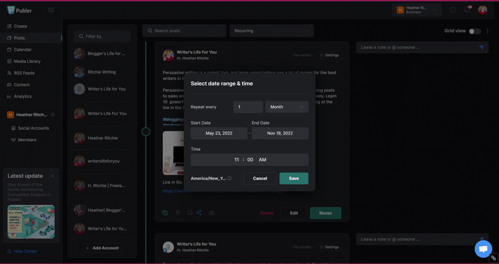 A screenshot of a social media scheduling interface. The main focus is a pop-up window titled "Select date range & time" with options to set start and end dates, time, and timezone. The background shows a list of social media posts with various details, perfect for integrating content repurposing tools.