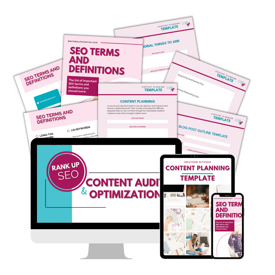 A desktop monitor, tablet, and smartphone display content planning and SEO optimization templates. Surrounding the devices are printed pages of SEO terms and definitions, blogging tips, and content planning guides in various shades of pink and white.