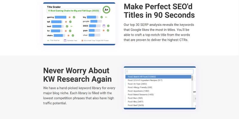 The image displays two sections. The top section shows a "Title Grader" with a list of keywords and their scores, suggesting creating SEO-optimized titles in 90 seconds. The bottom section emphasizes not worrying about keyword research, with access to hand-picked keyword libraries, perfect for finding the best gifts for content creators.