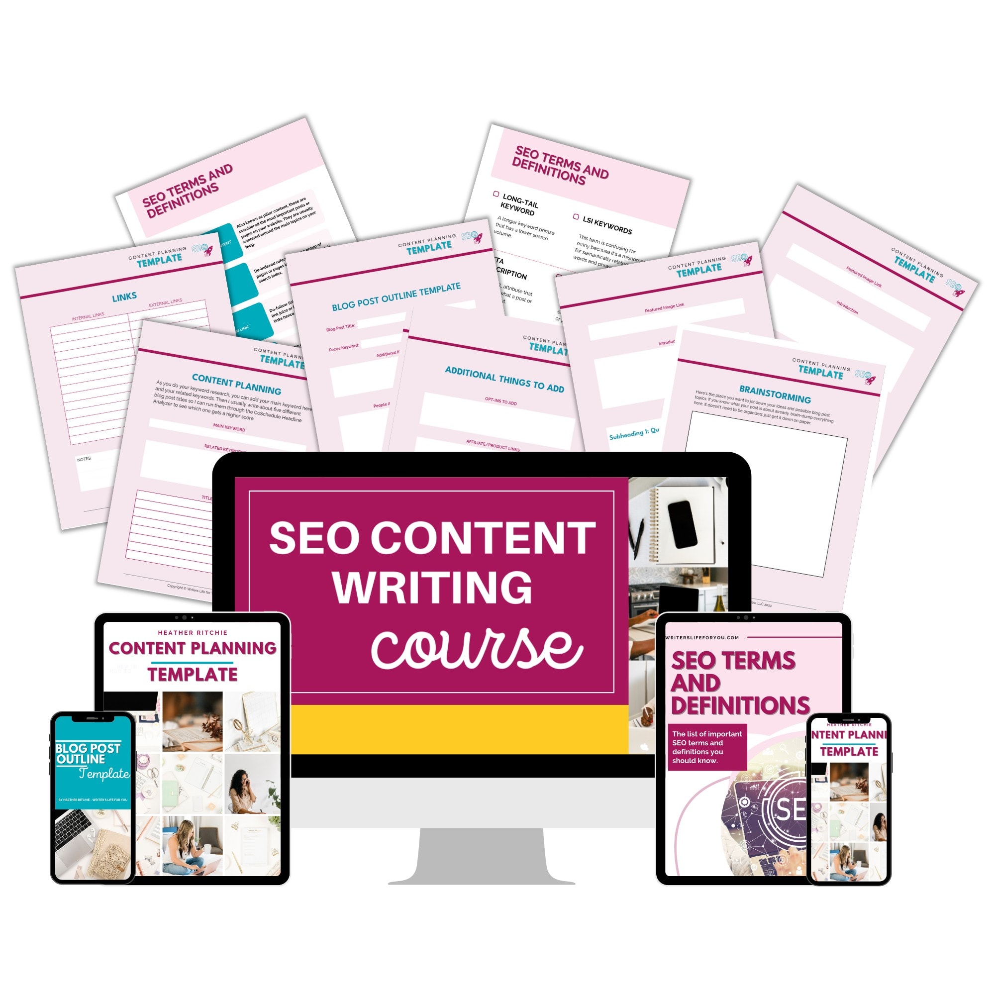 Image showing a graphic display of SEO content writing course materials. A computer monitor and two devices feature course-related templates and resources, such as content planning and SEO terms and definitions, all with a cohesive pink theme.