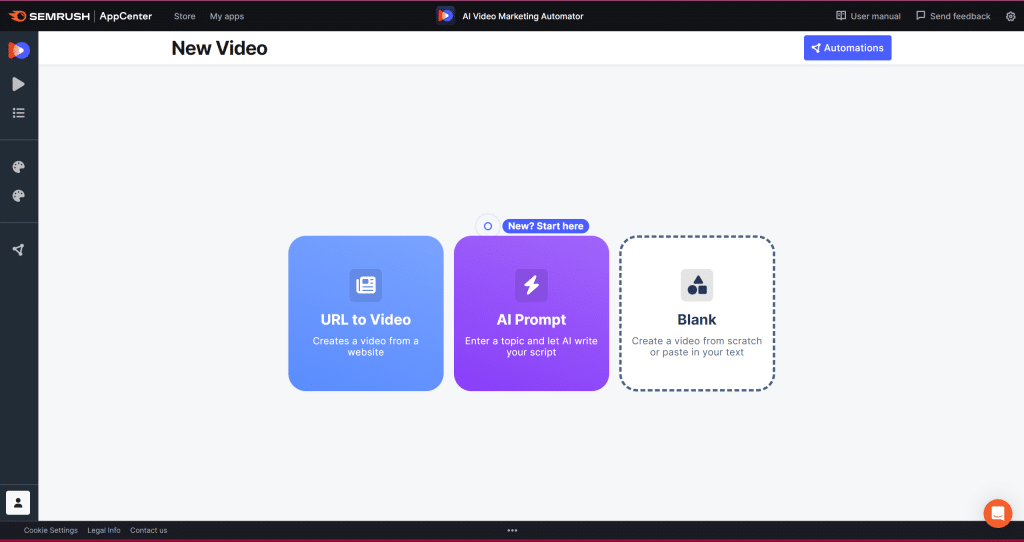 Screenshot of a video creation interface from SEMRUSH. It offers three options: URL to Video for creating videos from websites, AI Prompt for generating video scripts using AI, and Blank for starting videos from scratch or pasting text—ideal content repurposing tools at your fingertips.