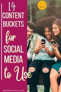 Three people sit together, smiling and looking at their phones. The image is accompanied by text that reads, "14 Content Buckets for Social Media to Use." A website, writerslifeforyou.com, is noted at the bottom. An illustration of a happy face is above the group.