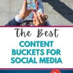 A person is holding a smartphone, viewing a social media feed. The text reads, "The Best Content Buckets for Social Media." Below, there's an image of a smiling person holding a red sign with a white heart icon. The website "writerslifeforyou.com" is shown.