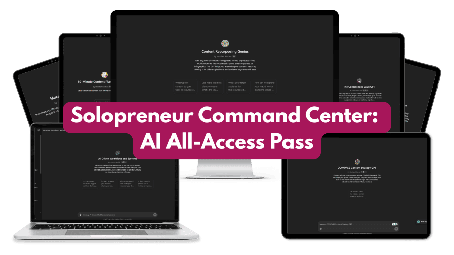 A laptop and six tablets display dark-themed web pages with text. Across the center, a magenta banner reads, "Solopreneur Command Center: AI All-Access Pass" in white text.