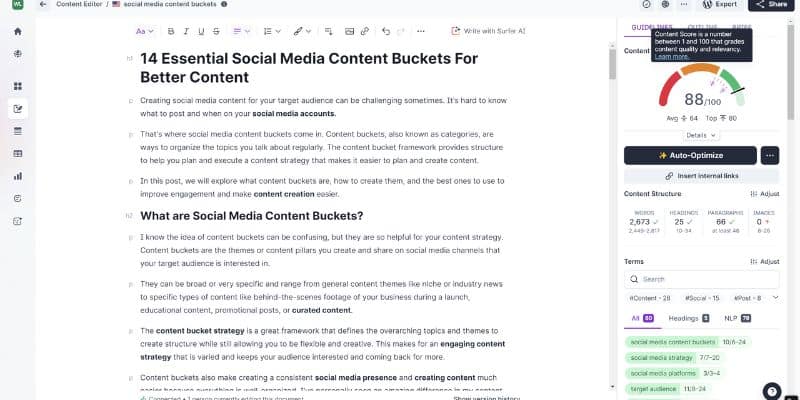 A computer screen displaying a web page about "14 Essential Social Media Content Buckets for Better Content." Various text sections and analysis tools are visible on the right side, including a highlighted score, word count, and readability metrics. The article also suggests the best gifts for content creators.