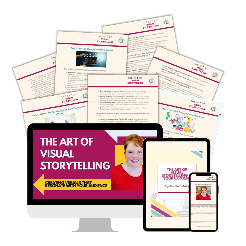 A computer monitor, tablet, and smartphone display "The Art of Visual Storytelling" with a woman's photo and colorful graphics. Several printed pages with text and headings like "Step 1" and "Step 2" are spread out in the background.