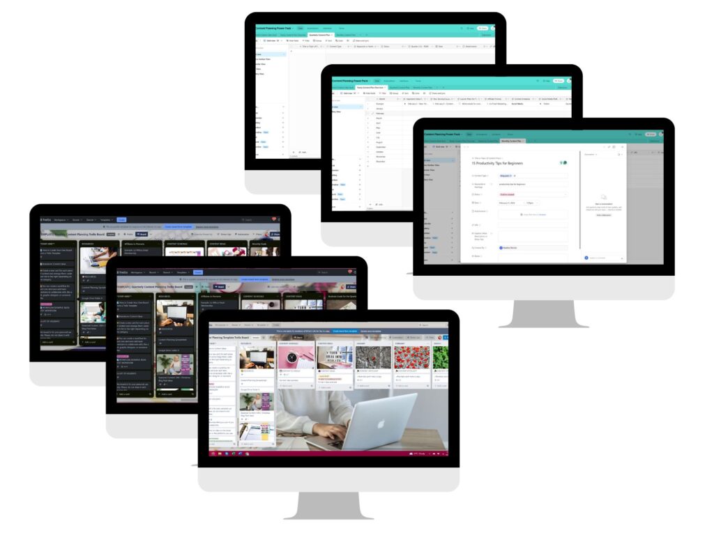 Five computer monitors display various software interfaces with different layouts and colors. Each screen shows distinct applications with features like dashboards, databases, forms, and web browsing. Monitors are arranged in a staggered pattern.