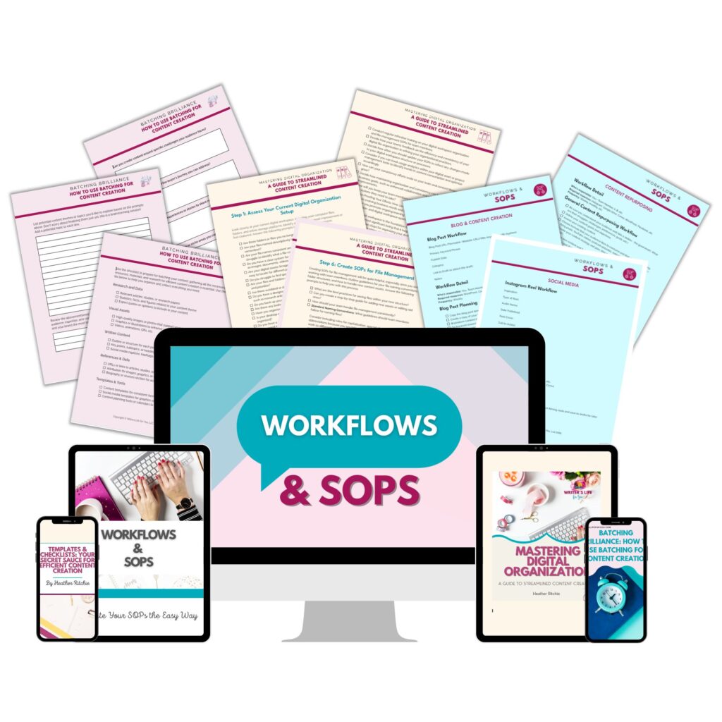 A digital collage featuring SOPs and workflow documents on a computer screen and various papers. Smartphones and tablets show related graphics. Text reads "Workflows & SOPs" and "Mastering Digital Organization.