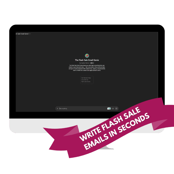 A computer monitor displays a dark-themed email tool called "The Flash Sale Email Genie." A pink ribbon at the bottom right reads: "WRITE FLASH SALE EMAILS IN SECONDS.