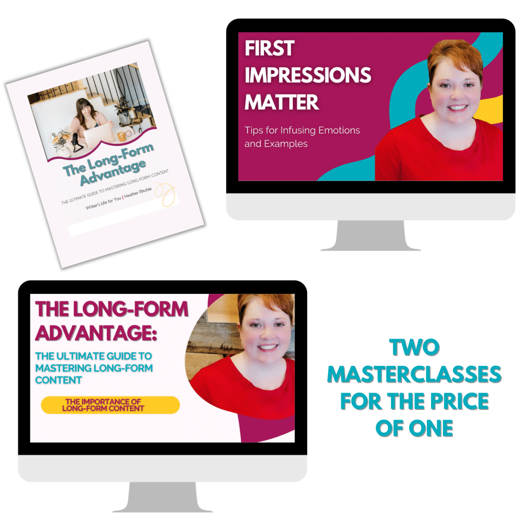 The image features two advertisements for masterclasses side by side. The first masterclass is titled, "First Impressions Matter." The second is "The Long-Form Advantage." Both feature the same person, a woman with short red hair, smiling. The text says, "Two Masterclasses for the Price of One.