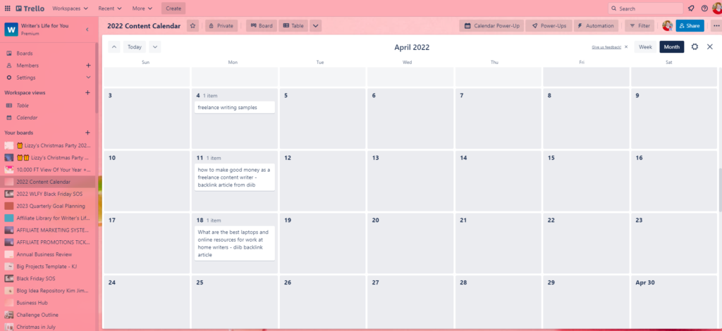 Trello calendar view of content calendar