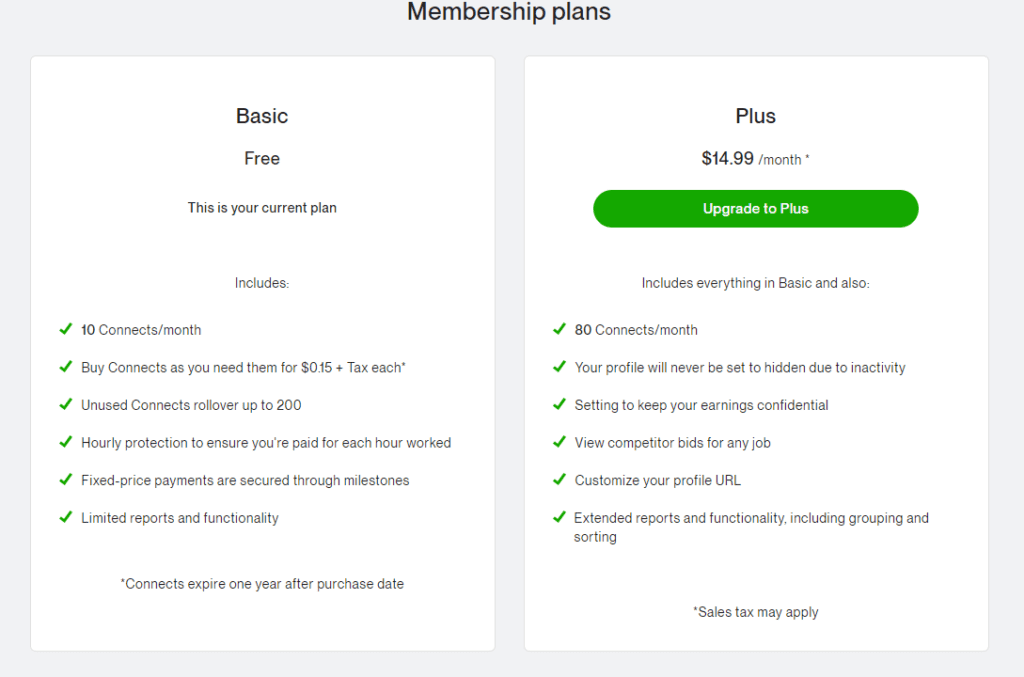 Upwork membership plans basic and Pro