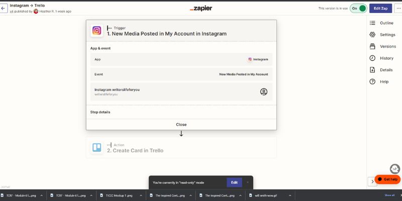 Screenshot of a Zapier workflow interface designed to alleviate blogger burnout. The trigger is "New Media Posted in My Account on Instagram," linked to an account, while the action swiftly "Creates Card in Trello." Various tabs and settings options are visible, streamlining your creative process.