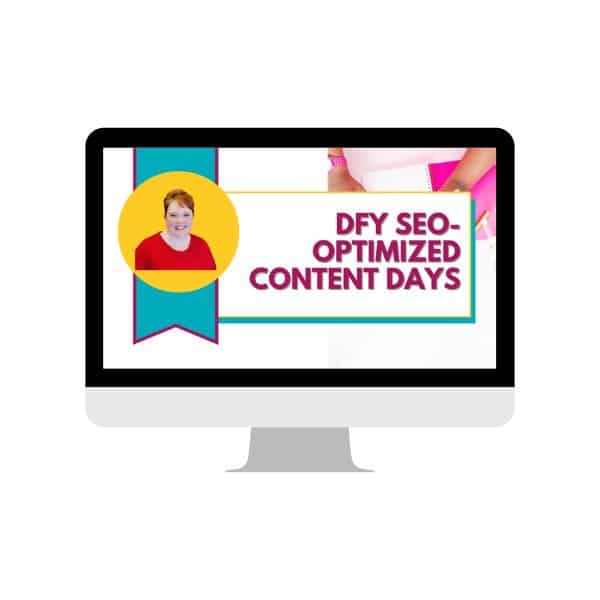 A computer screen displays the text "DFY SEO-Optimized Content Days" alongside a circular image of a smiling person in a red shirt, positioned within a teal and pink ribbon design.