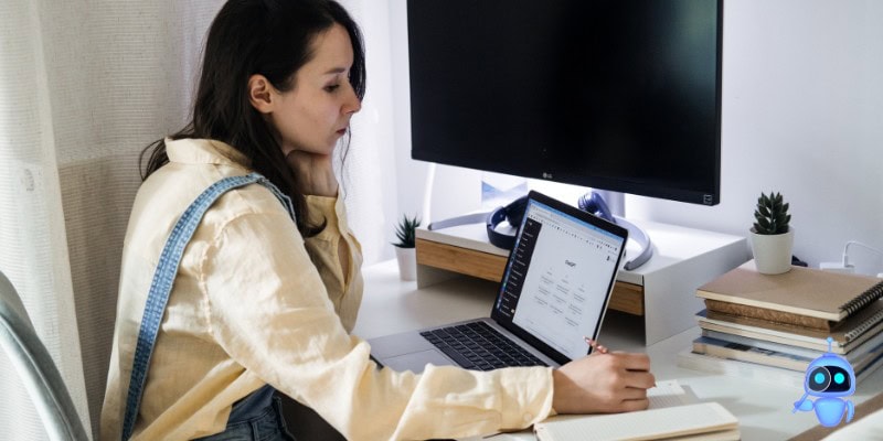 A woman sits at a desk using a laptop and writing in a notebook, possibly brainstorming ChatGPT prompts for content writing. The desk has a monitor, a stack of books, small potted plants, and a small cartoon robot icon in the bottom right corner.