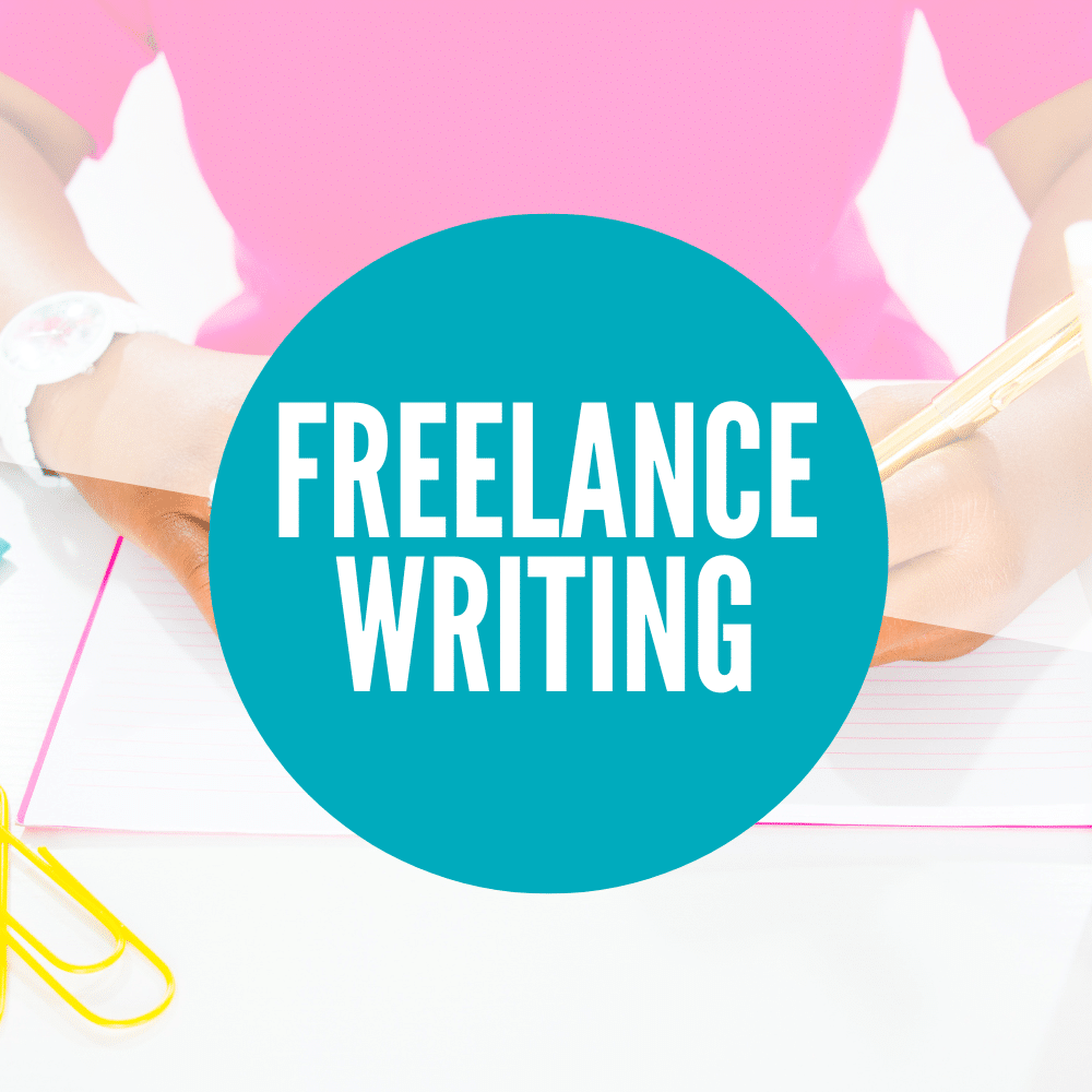 A person writing in a notebook with a caption bubble that states "freelance writer" against a vibrant background.