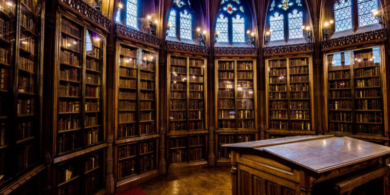 ancient library and shelves of books like a digital content library