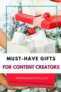 A white background features a gift item wrapped in white paper with a gold dotted pattern, topped with white ribbon. Nearby are colorful gift boxes. Text on the image reads "Best Gifts for Content Creators." The bottom section displays "writerslife.org.