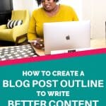 woman in yellow creating a blog post outline on apple laptop