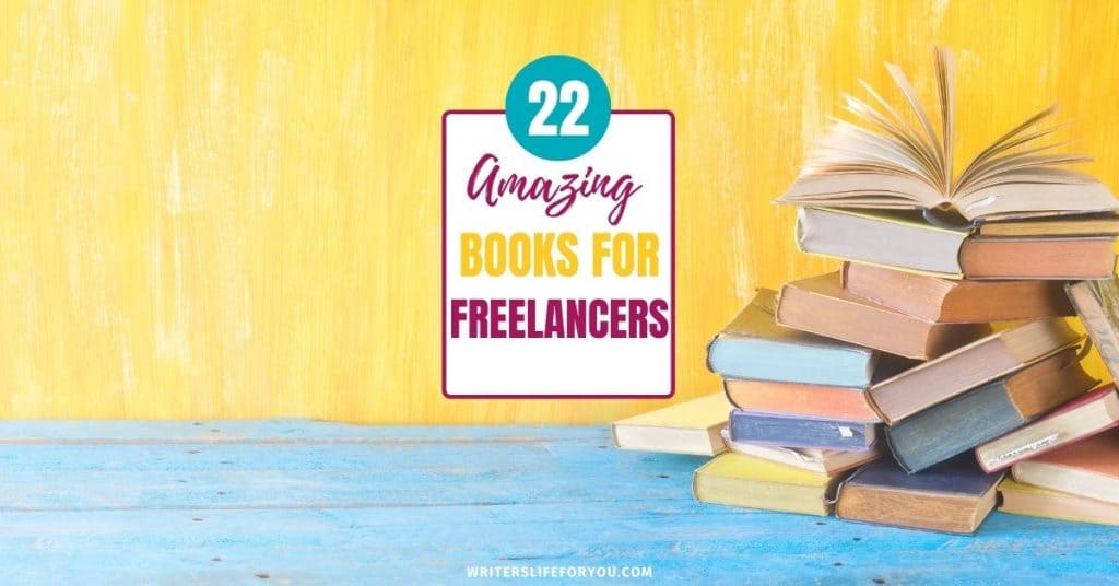 books of freelancing yellow and blue background with pile of books