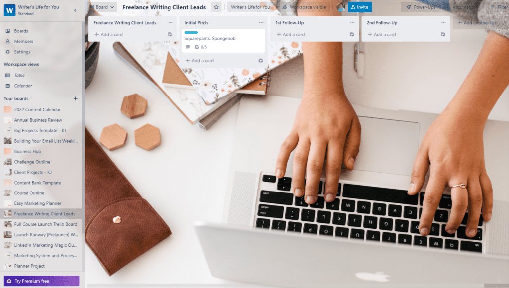 example of a Trello board for freelance writing client leads