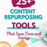Promotional graphic with the text "WRITERSLIFEFORYOU.COM" at the top and "25+ Content Repurposing Tools That Save Time and Energy." The image features a notebook, pen, candle, and binder clips on a white surface, highlighting essential content repurposing tools for efficiency.
